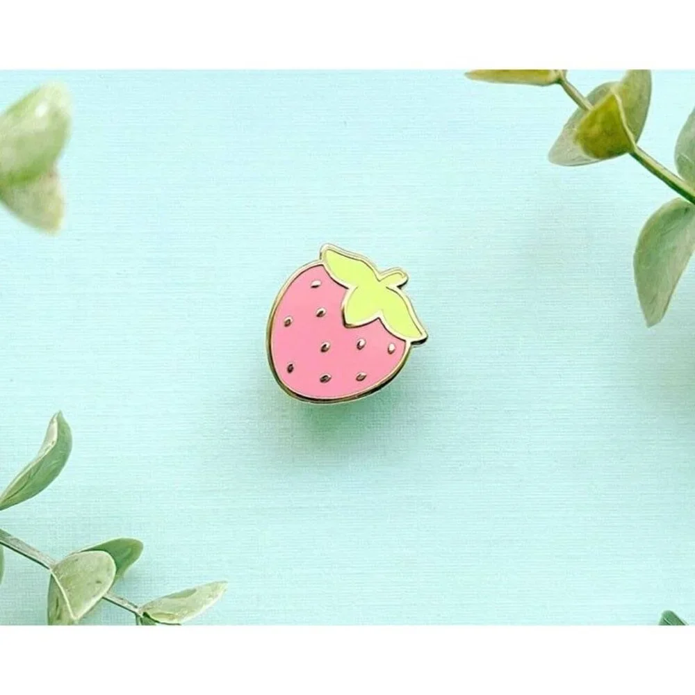 Mini Cute Strawberry Enamel Pin -‎ Gold Plated Food Lapel - Kawaii Jewelry